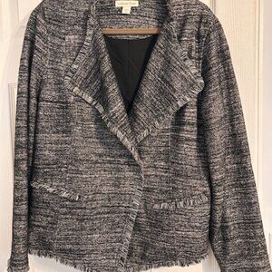 Coldwater Creek Boucle/Tweed Black White Jacket Fringe Edges Size 16